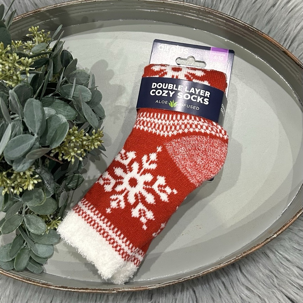 Red Chrismas Socks Women's Airplus Cozy Double Layer Infused w Aloe Fuzzy Winter